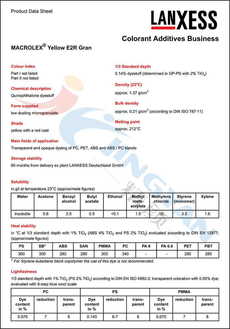 朗盛E2R黄耐高温溶剂染料数据表1