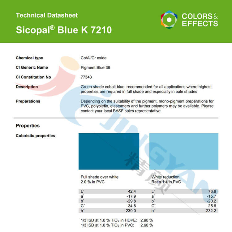 巴斯夫钴铬蓝颜料K7210 TDS报告